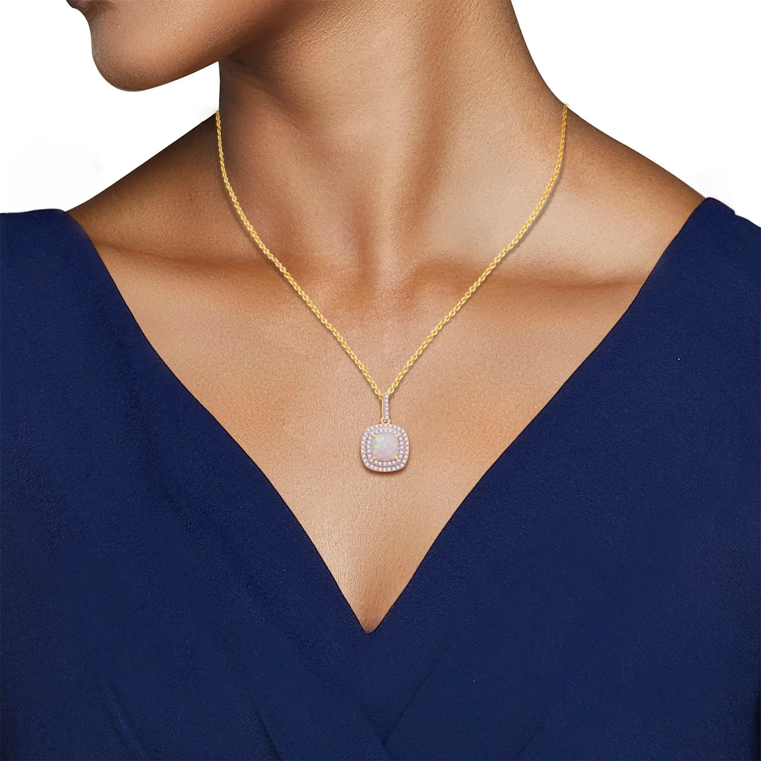 Jewelili Yellow Gold Over Sterling Silver with Cushion Shape Created Opal and Created White Sapphire Halo Pendant Necklace