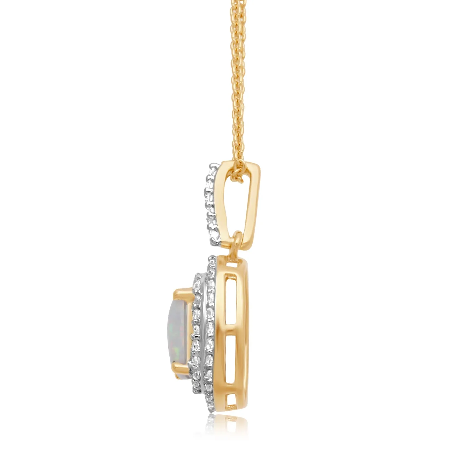 Jewelili Yellow Gold Over Sterling Silver with Cushion Shape Created Opal and Created White Sapphire Halo Pendant Necklace