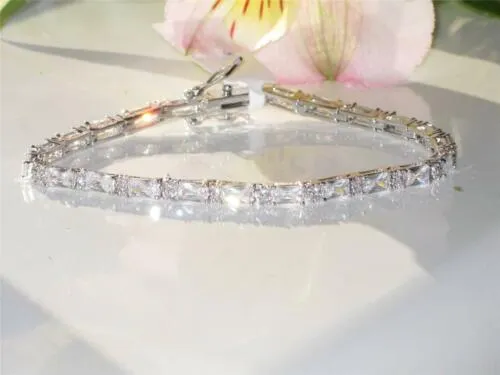 Jewellery Kingdom Tennis Rhodium Sparkling Cubic Zirconia Emerald Cut Ladies Bracelet (Clear Silver)