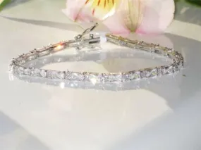 Jewellery Kingdom Tennis Rhodium Sparkling Cubic Zirconia Emerald Cut Ladies Bracelet (Clear Silver)