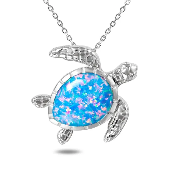 Life@Sea Genuine Sterling Silver Larimar/Synthetic Opal Cabochon Sea Turtle Pendant Necklace