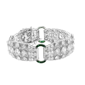 Magnificent French Art Deco Diamond Emerald Platinum Bracelet
