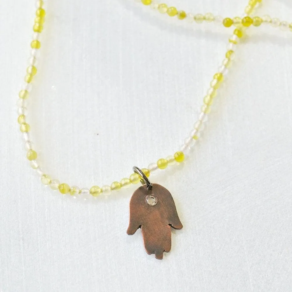 Mixed Gemstones with Hand Cut Copper Hamsa & Topaz Charm Necklace 