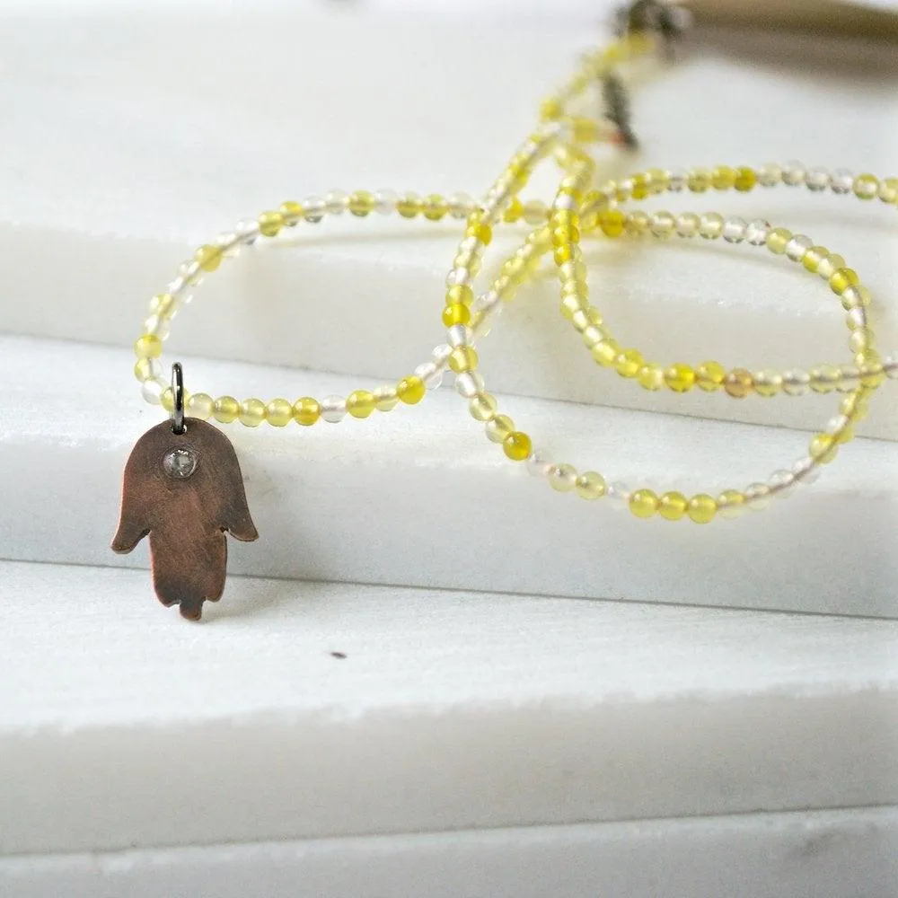 Mixed Gemstones with Hand Cut Copper Hamsa & Topaz Charm Necklace 