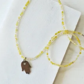 Mixed Gemstones with Hand Cut Copper Hamsa & Topaz Charm Necklace 