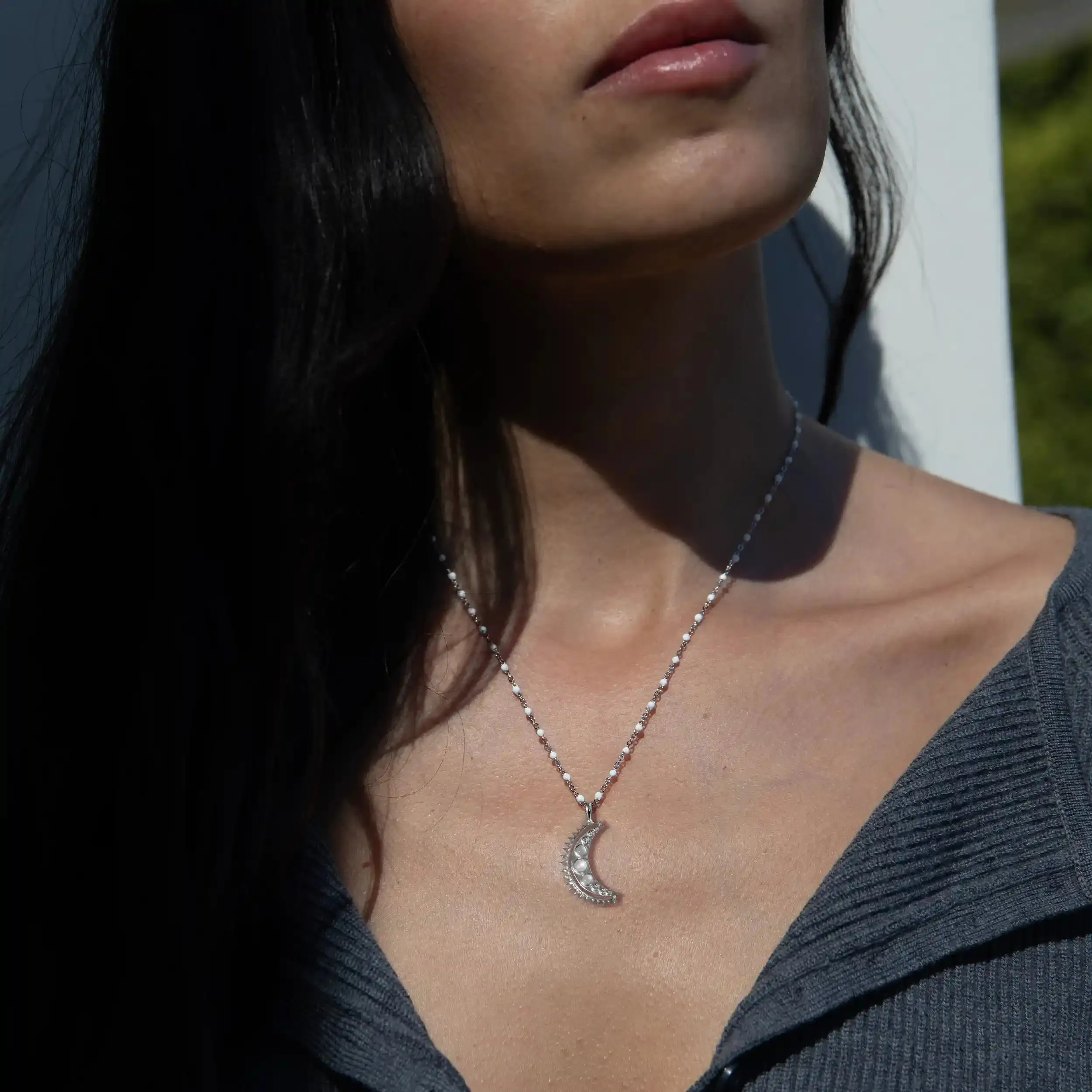 Moonstone Crescent   White Enamel Necklace
