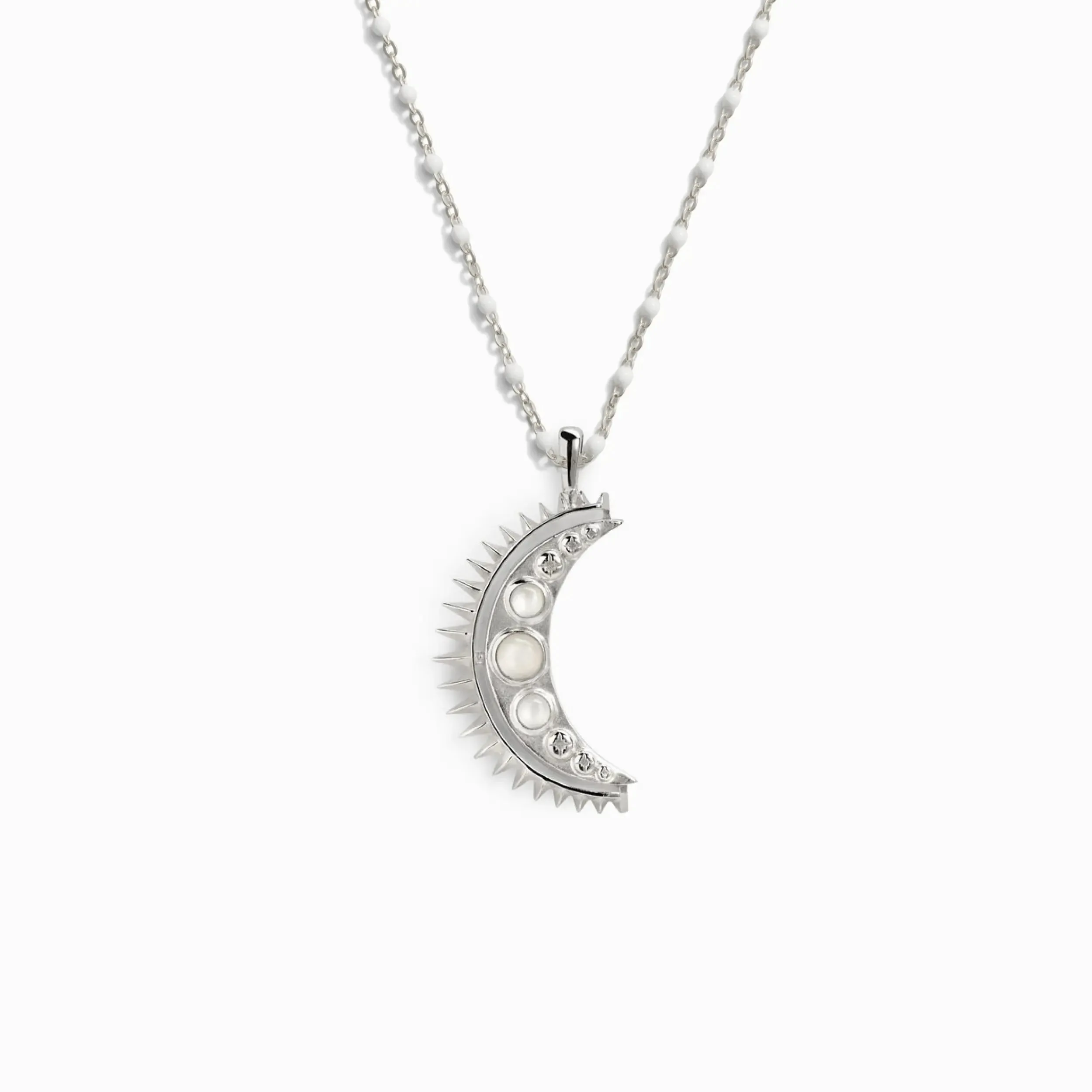 Moonstone Crescent   White Enamel Necklace