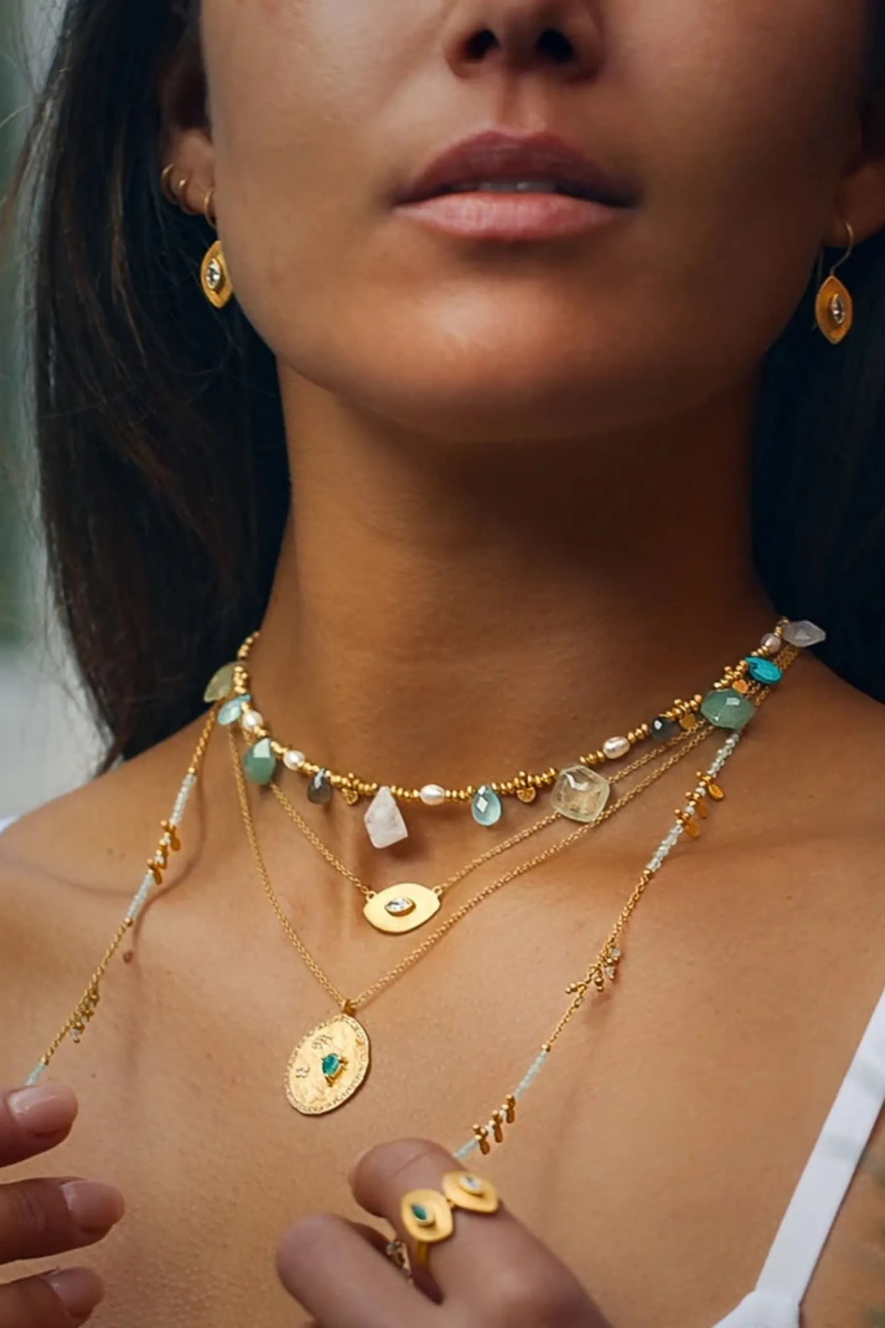 Moonstone, Green Aventurine, Turquoise, Pearl Necklace