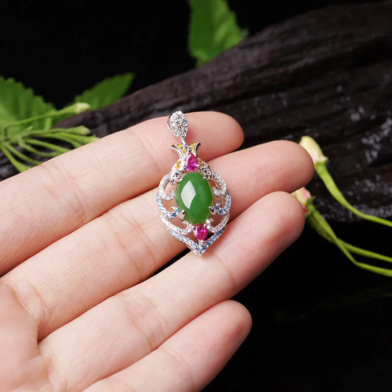 Natural Jade Pendant Nephrite Silver Zircon Pendant ZPT191