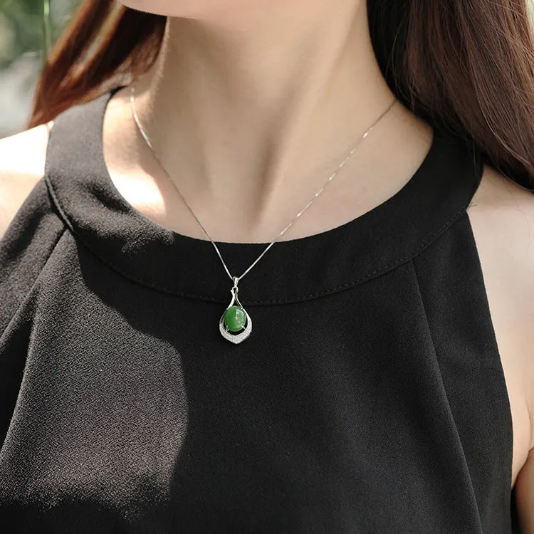 Natural Jade Pendant Nephrite Silver Zircon Pendant ZPT214