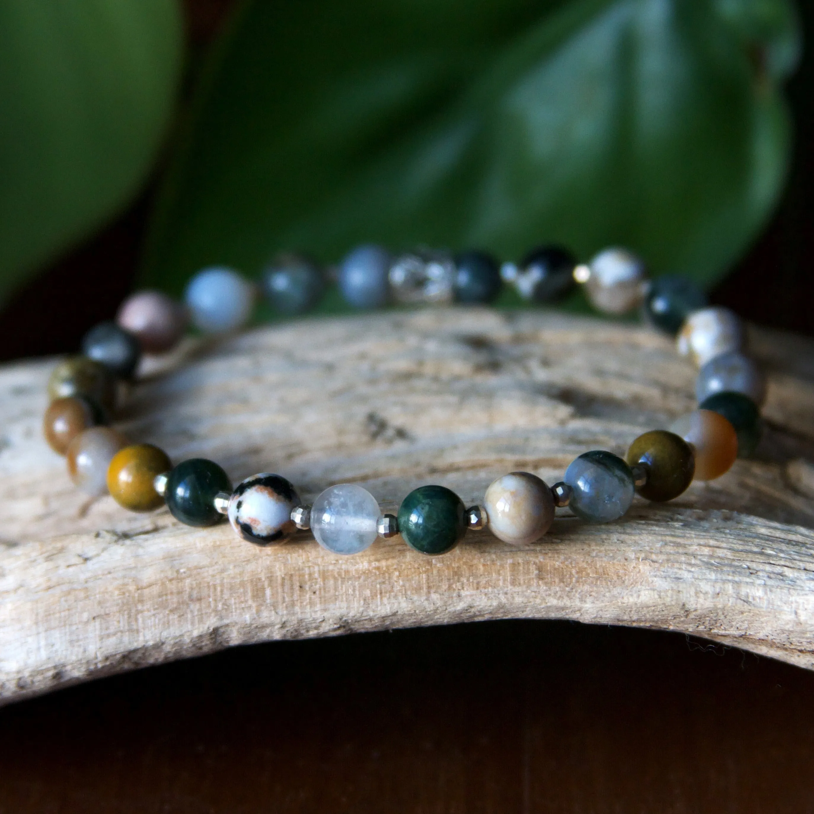 Ocean Jasper and Sterling Silver Beaded Stretch Bracelet