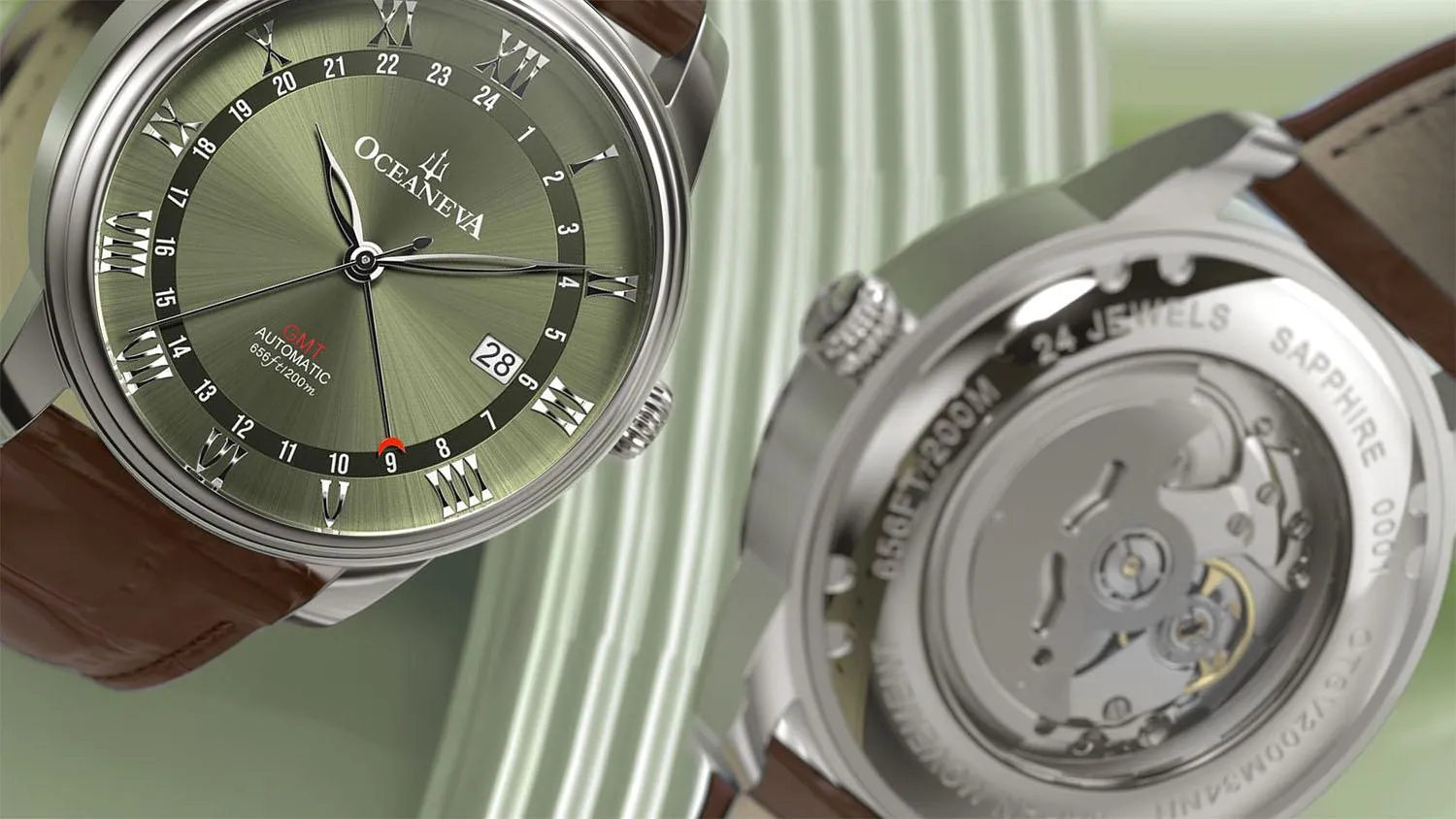 Oceaneva Men's OceanTrek GMT Automatic 200m Leather Watch Olive Drab