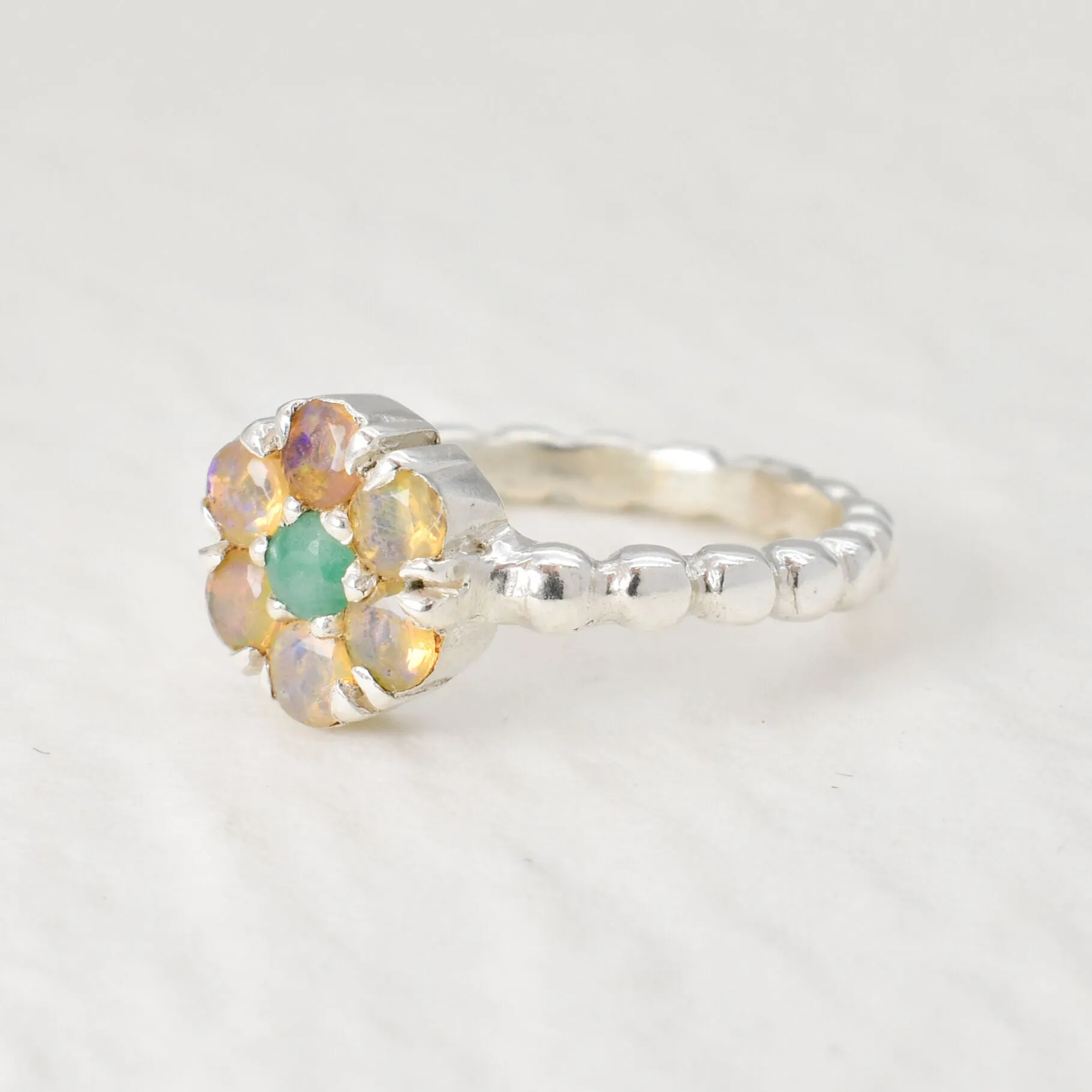 Opal Flower Ring - Green Emerald Ring - Vintage Bubble Ring