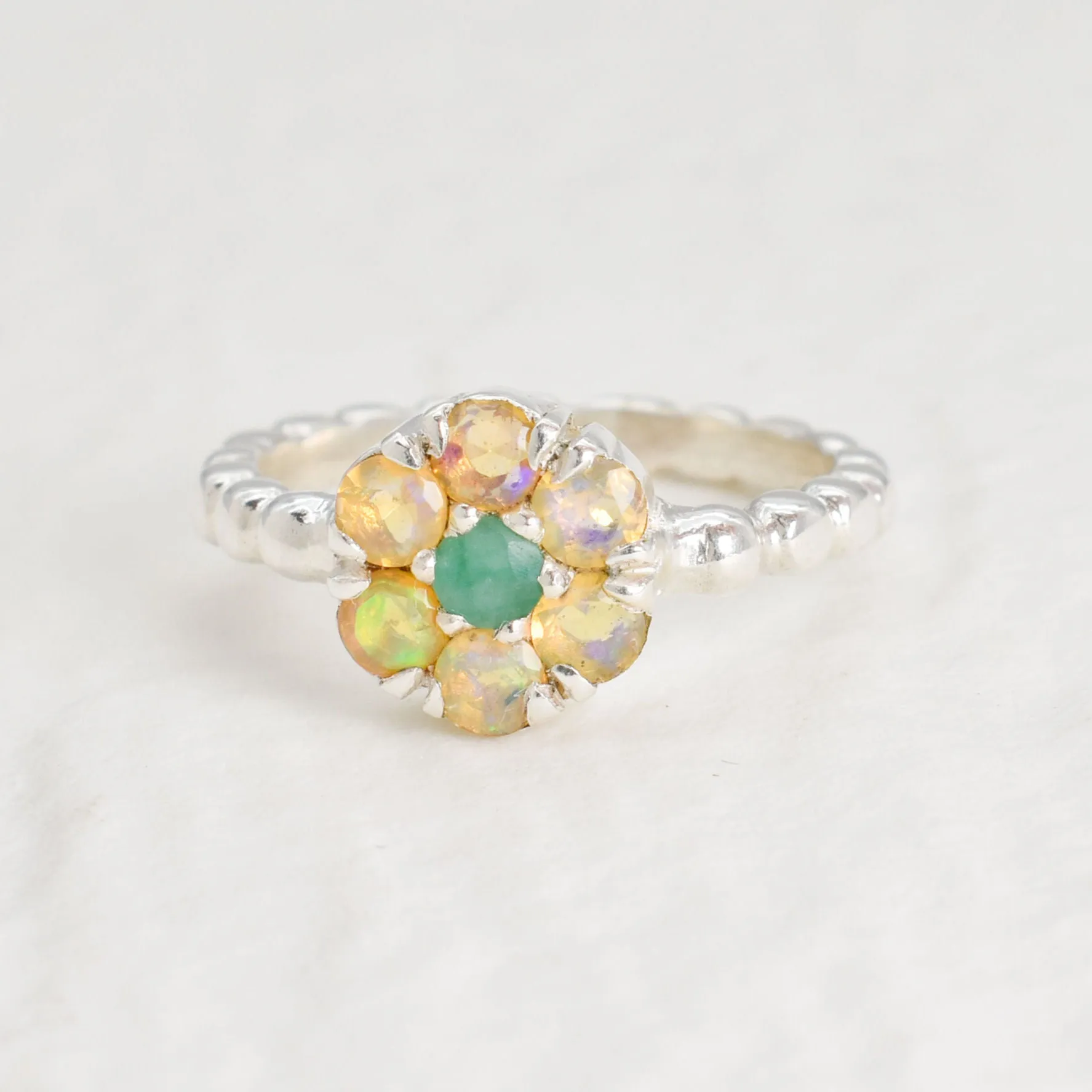 Opal Flower Ring - Green Emerald Ring - Vintage Bubble Ring