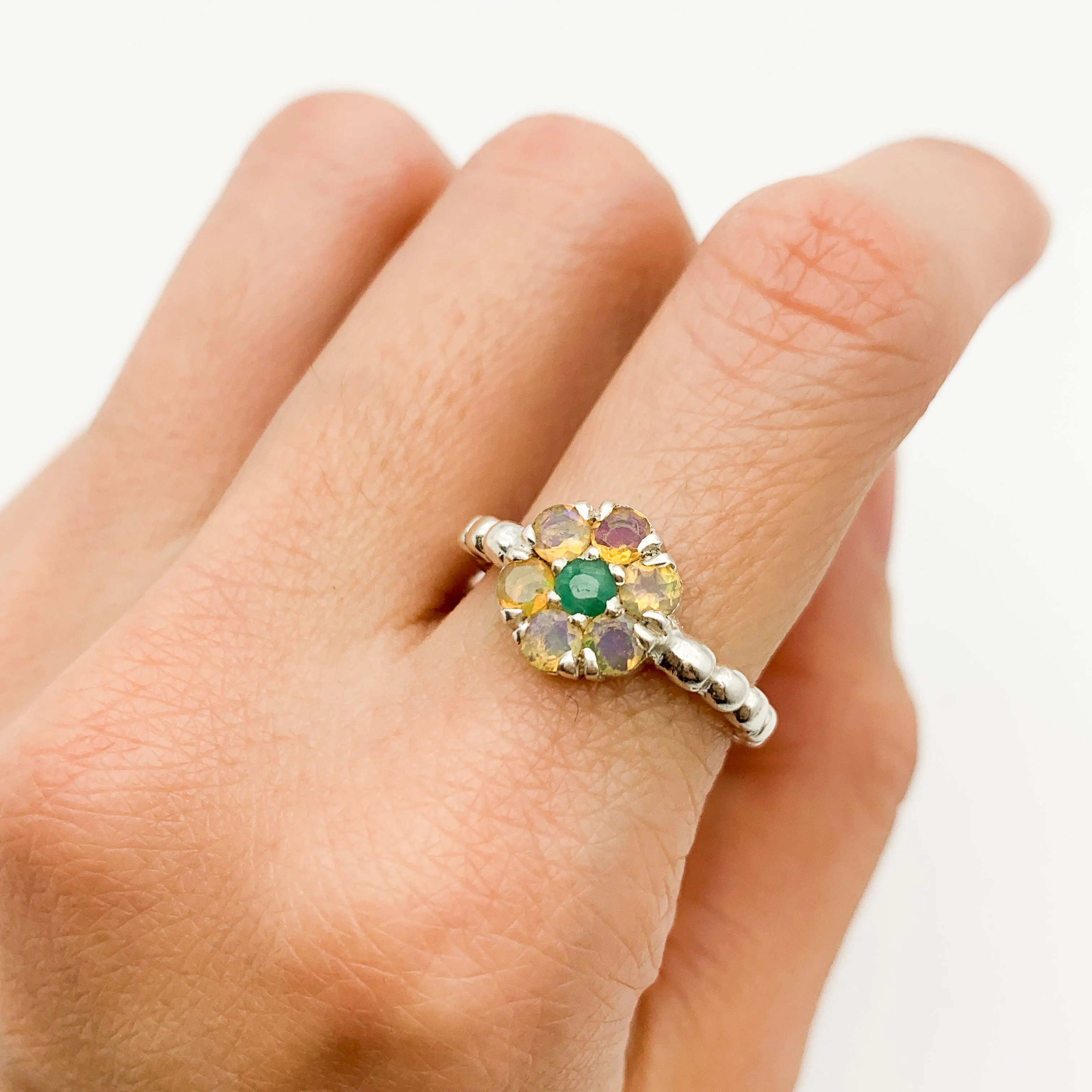 Opal Flower Ring - Green Emerald Ring - Vintage Bubble Ring