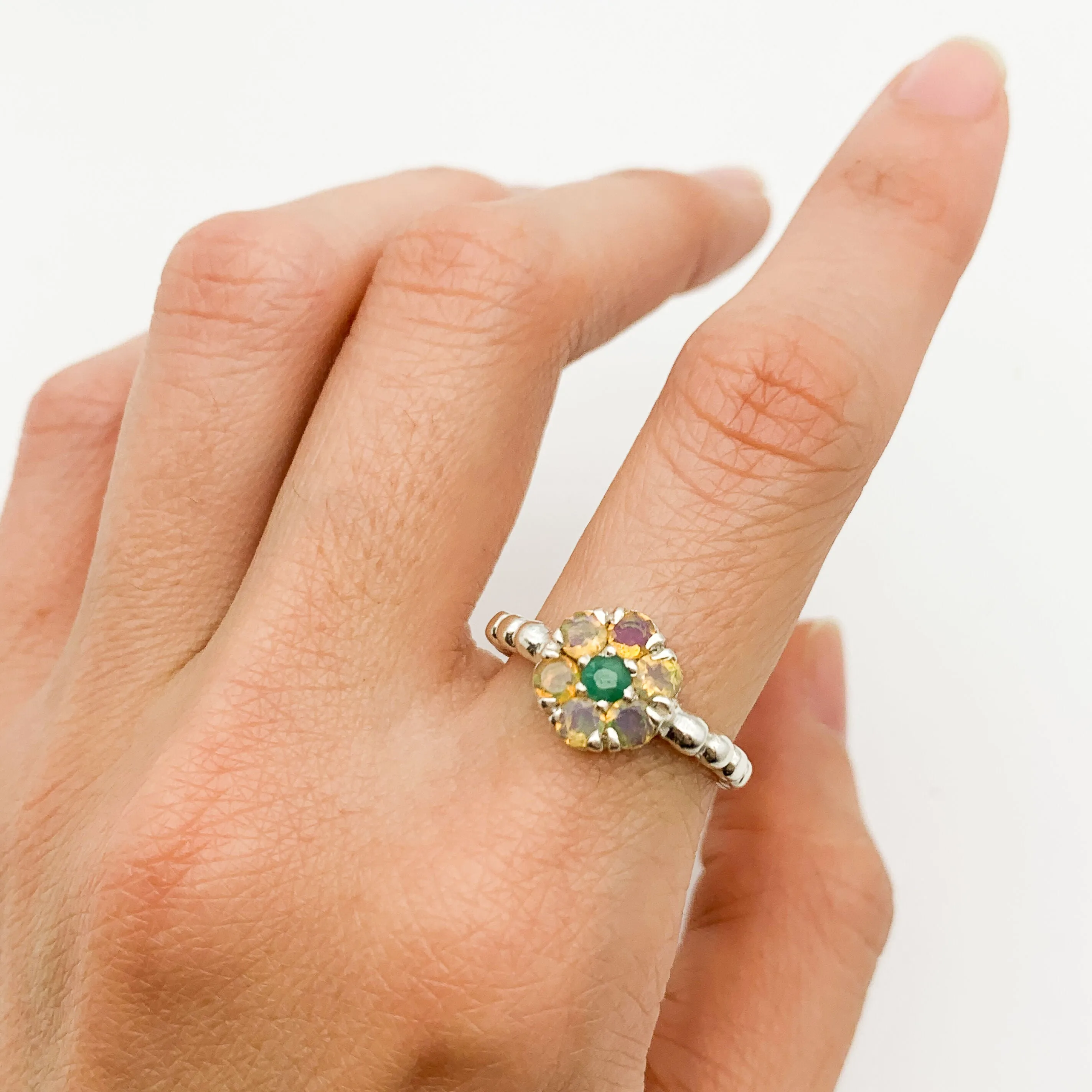 Opal Flower Ring - Green Emerald Ring - Vintage Bubble Ring