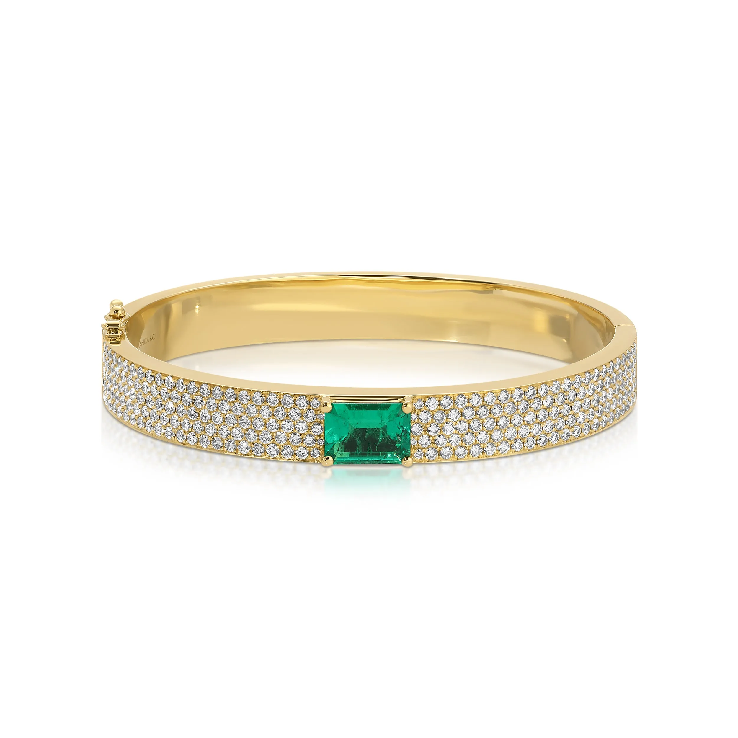 PAVE DIAMOND OVAL BRACELET WITH EMERALD CUT COLOMBIAN EMERALD CENTER
