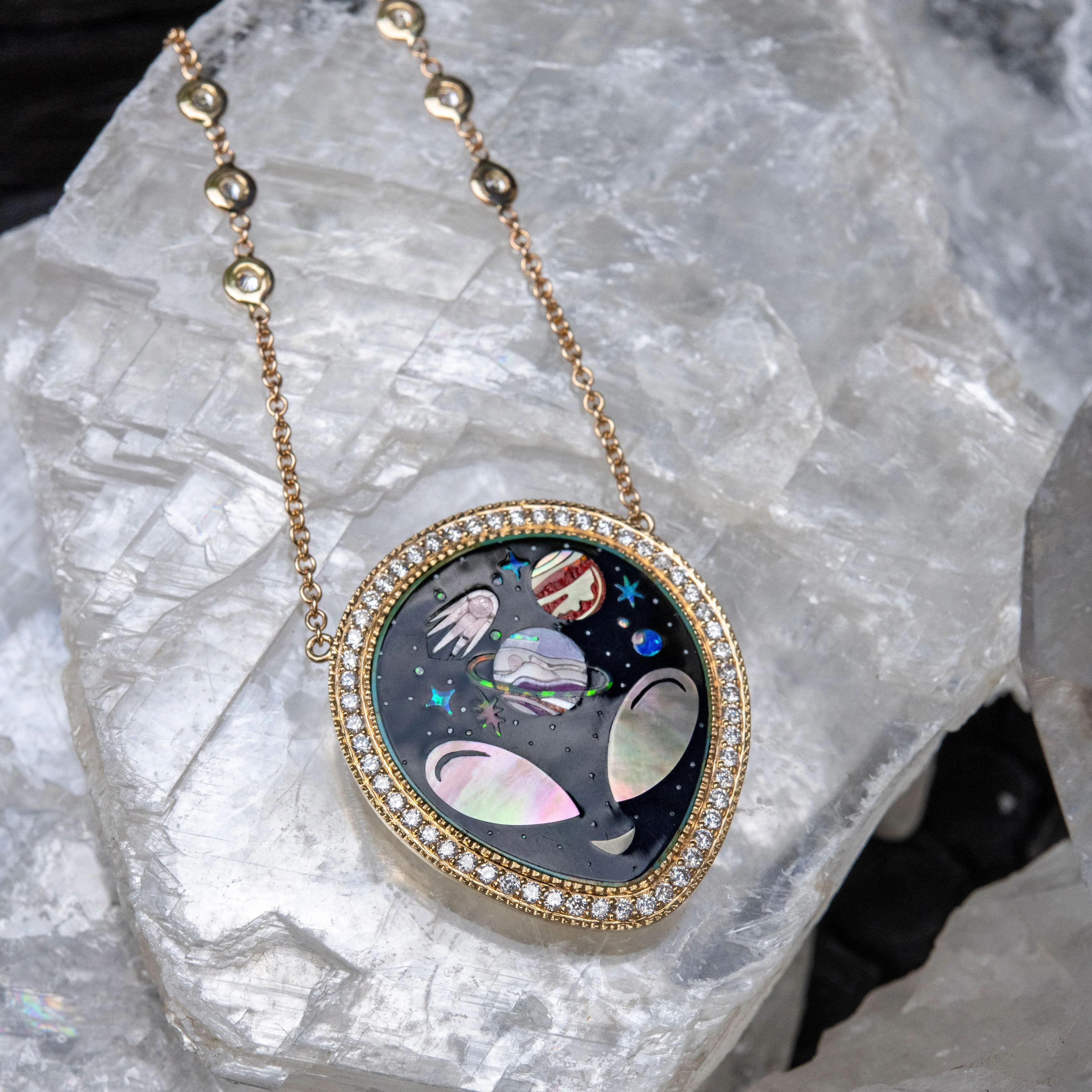 PAVE ONYX   PEARL ALIEN GALAXY INLAY NECKLACE