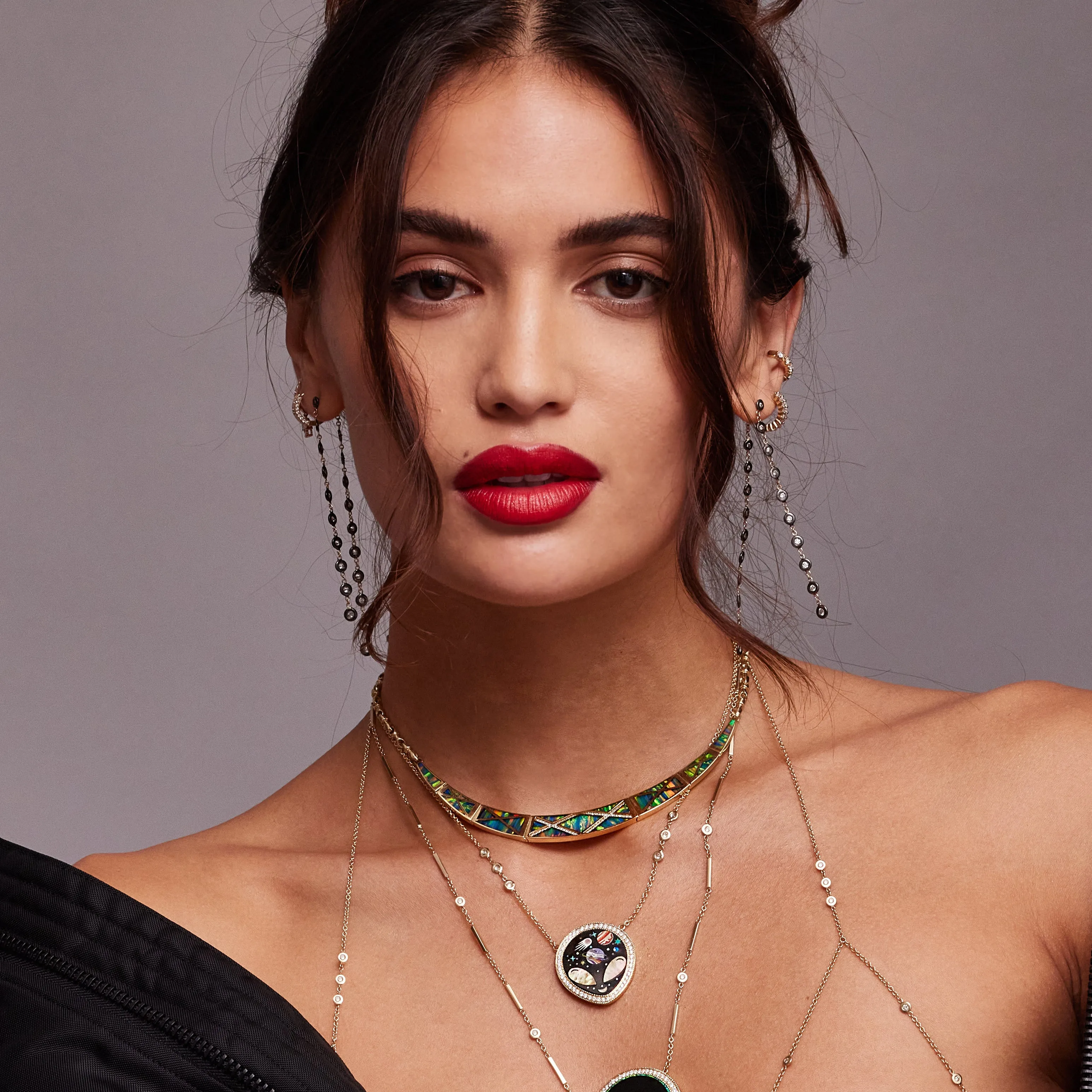 PAVE ONYX   PEARL ALIEN GALAXY INLAY NECKLACE