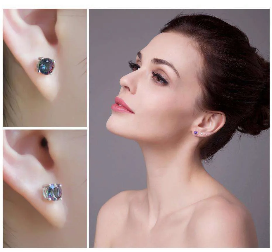 Rainbow Fire Genuine Mystic Topaz Round Cut 2CTW IOBI Precious Gems Stud Earrings