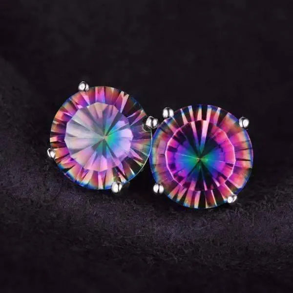 Rainbow Fire Genuine Mystic Topaz Round Cut 2CTW IOBI Precious Gems Stud Earrings