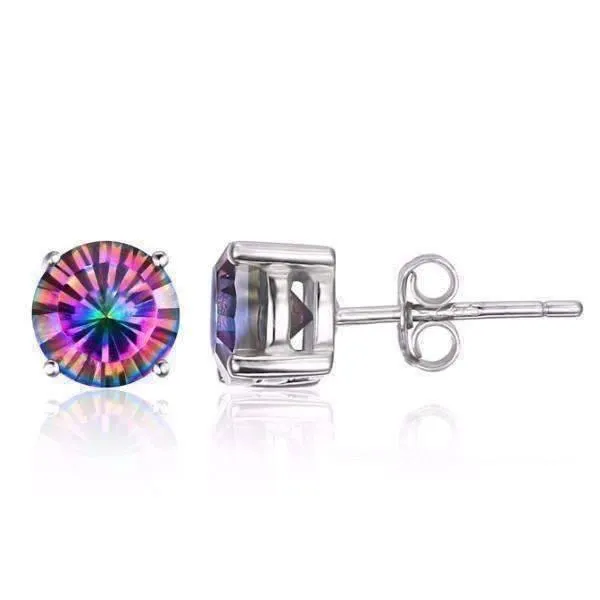 Rainbow Fire Genuine Mystic Topaz Round Cut 2CTW IOBI Precious Gems Stud Earrings