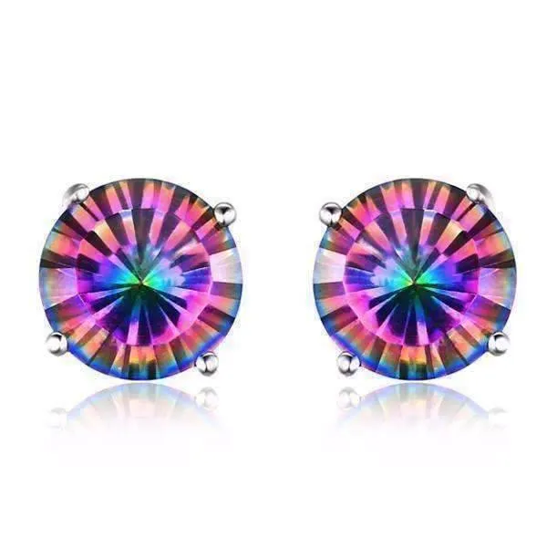 Rainbow Fire Genuine Mystic Topaz Round Cut 2CTW IOBI Precious Gems Stud Earrings