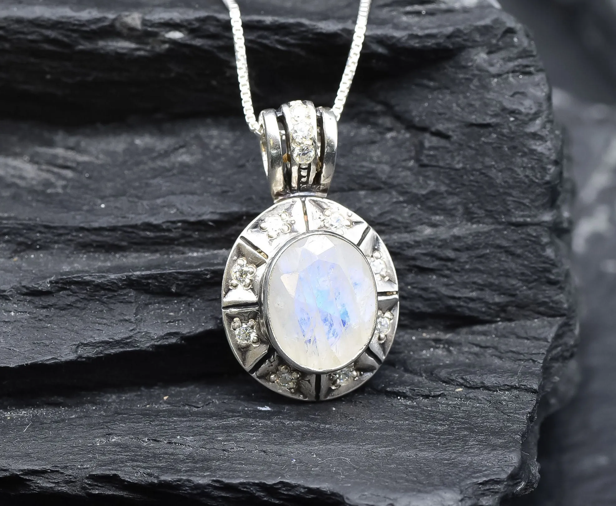 Rainbow Moonstone Necklace - Vintage Moonstone Necklace - Statement Moonstone Pendant