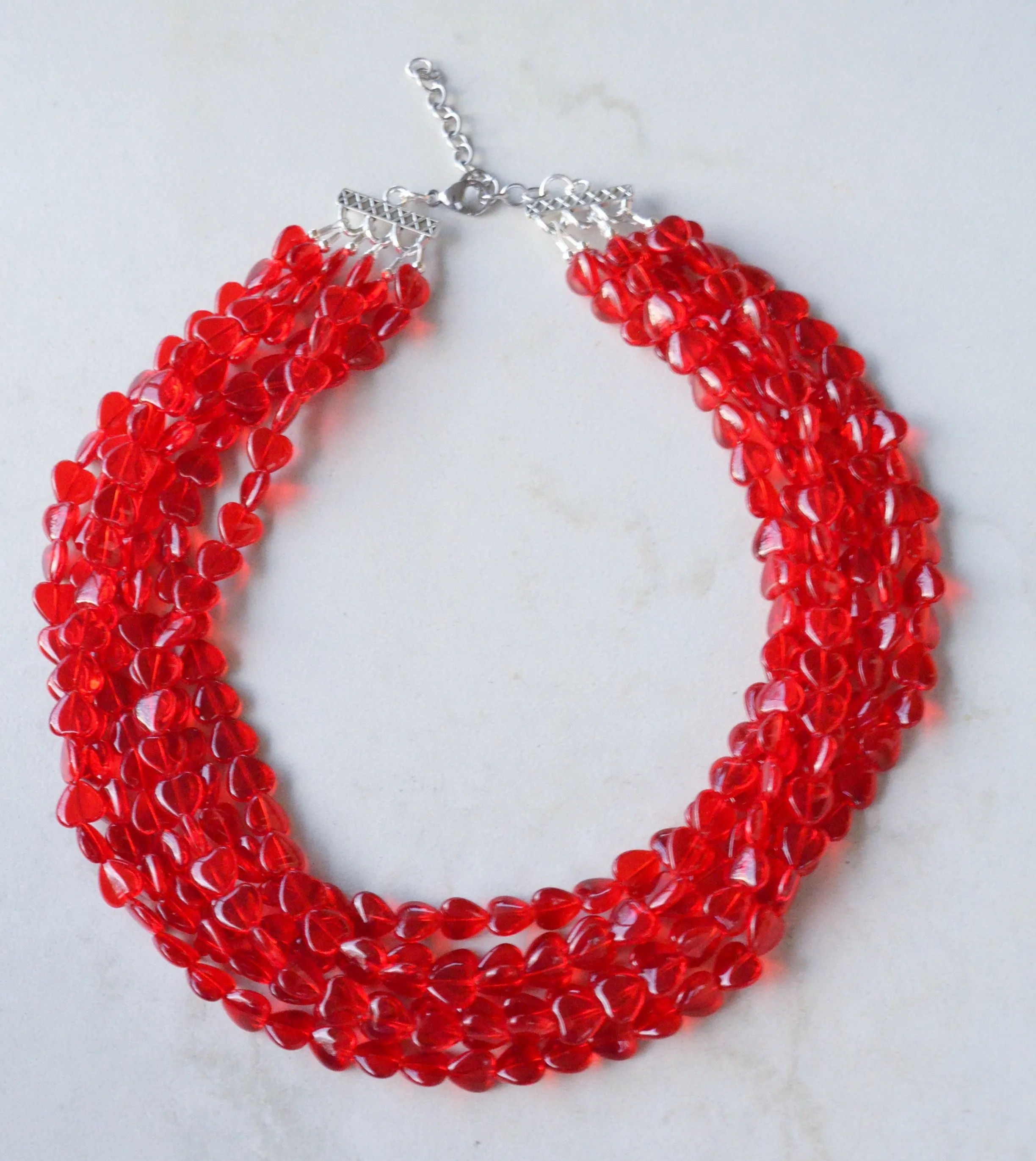 Red Heart Beaded Translucent Glass Valentines Day Multi Strand Statement Necklace