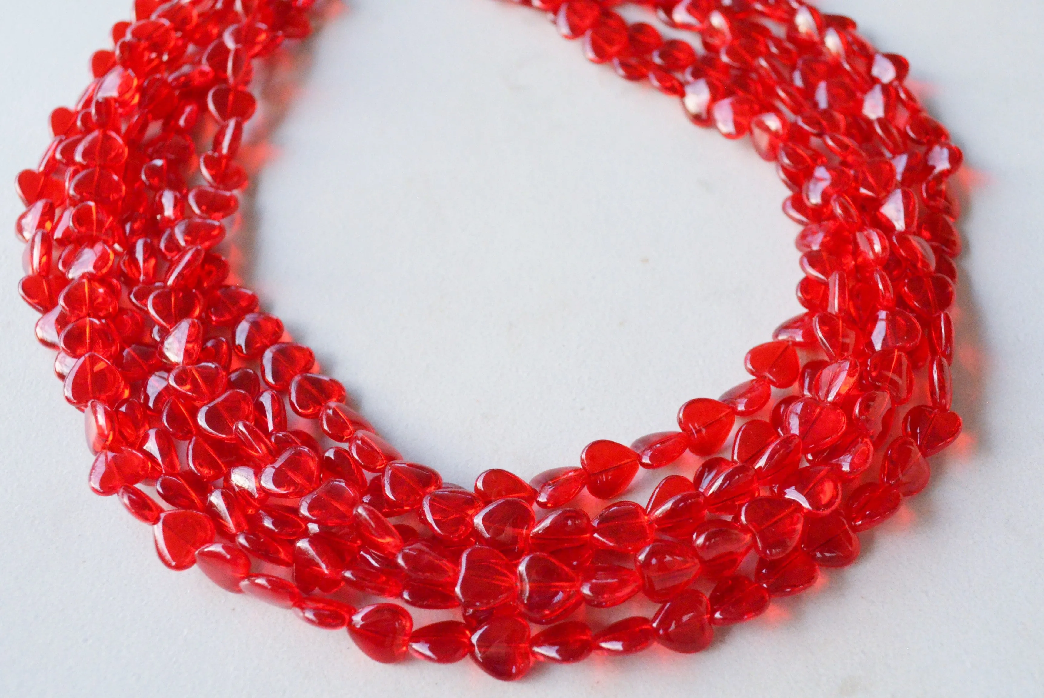 Red Heart Beaded Translucent Glass Valentines Day Multi Strand Statement Necklace