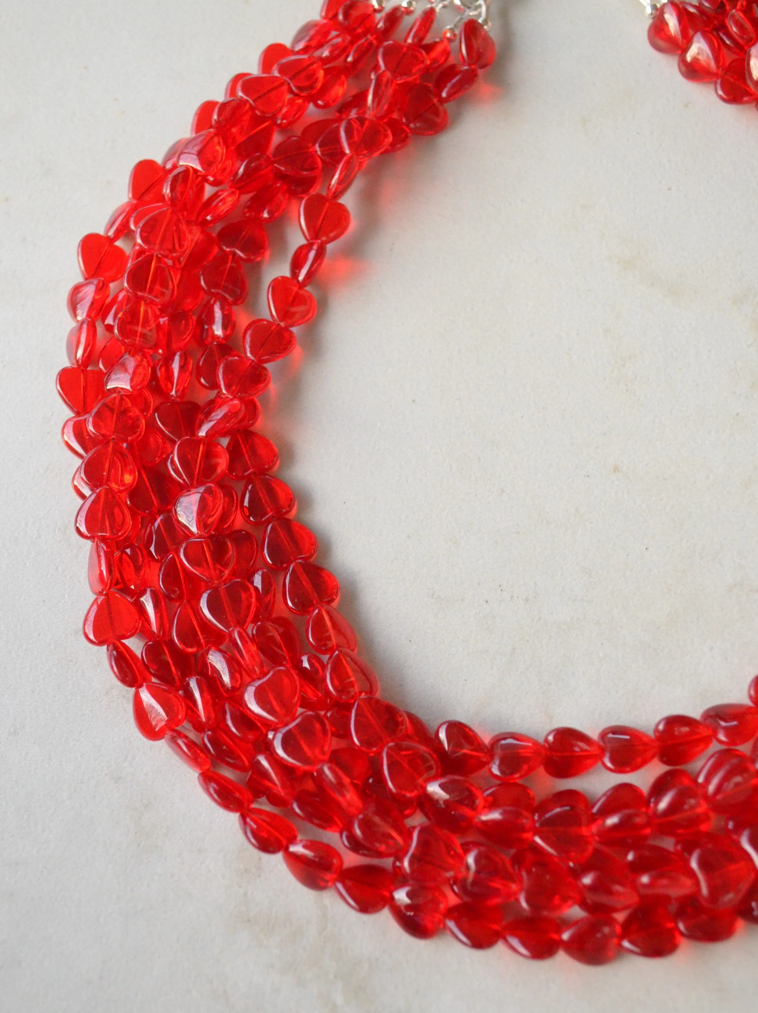 Red Heart Beaded Translucent Glass Valentines Day Multi Strand Statement Necklace