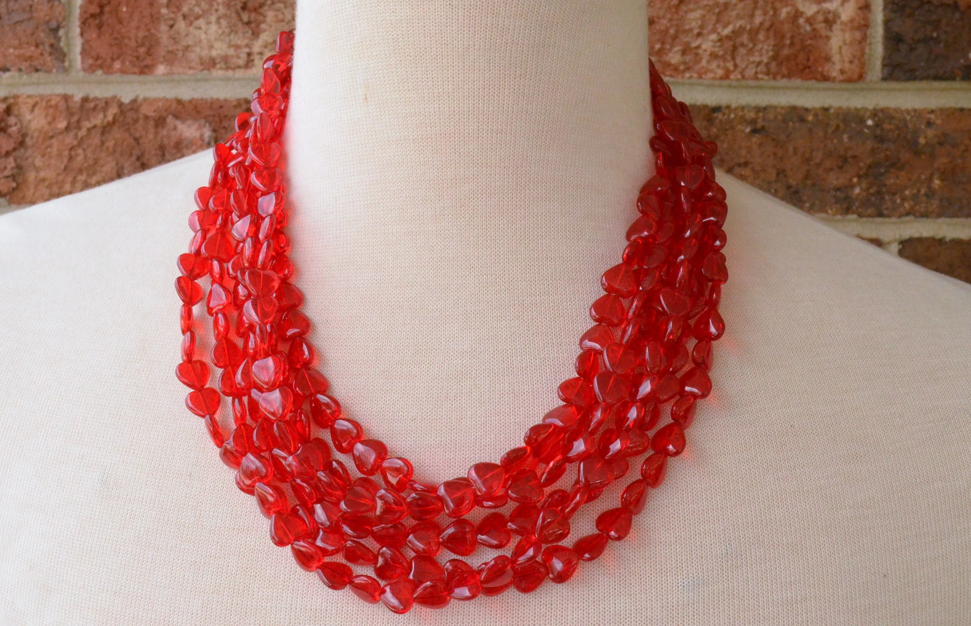 Red Heart Beaded Translucent Glass Valentines Day Multi Strand Statement Necklace
