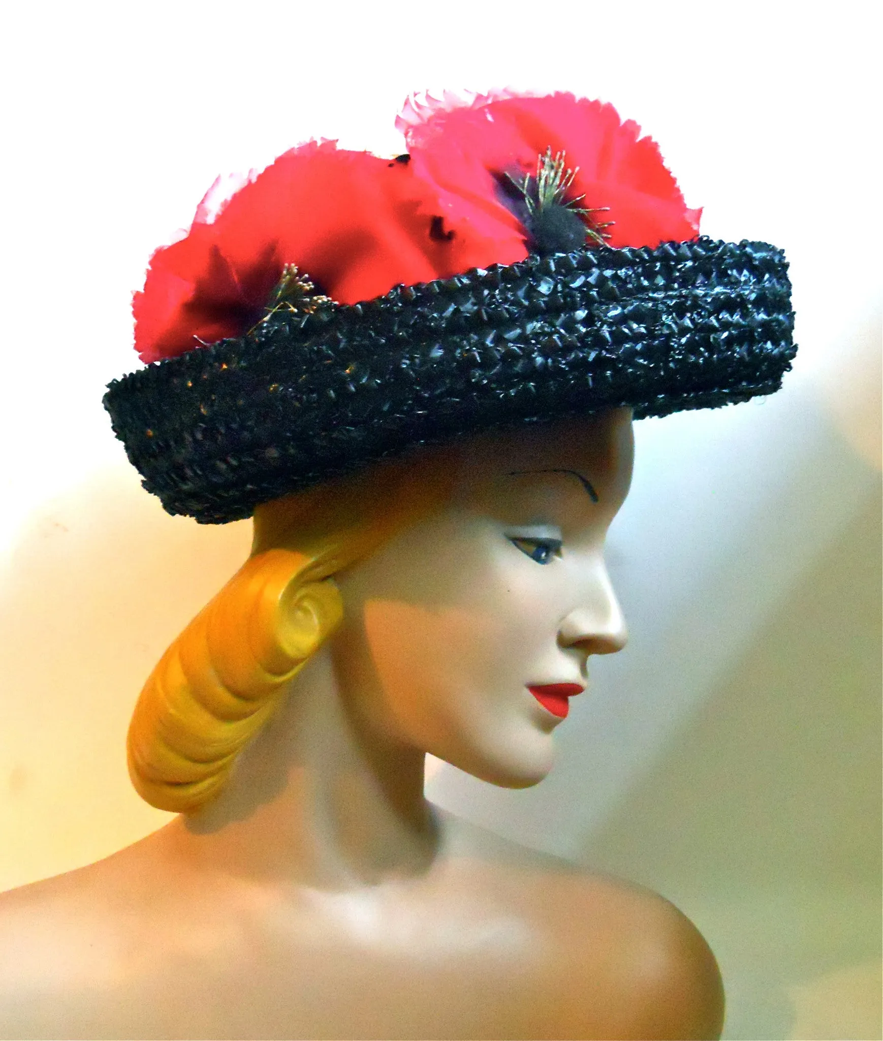 Red Poppy Topped Black and White Sisal Hat with  circa 1960s
