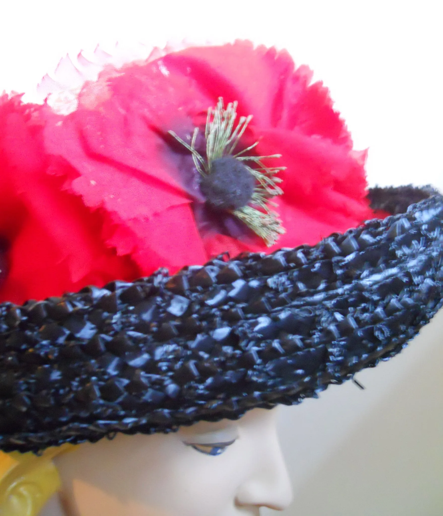 Red Poppy Topped Black and White Sisal Hat with  circa 1960s