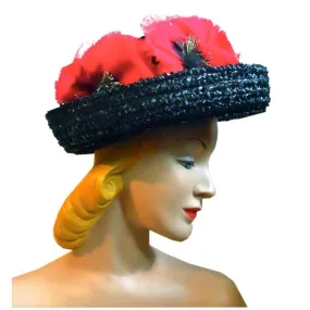Red Poppy Topped Black and White Sisal Hat with  circa 1960s