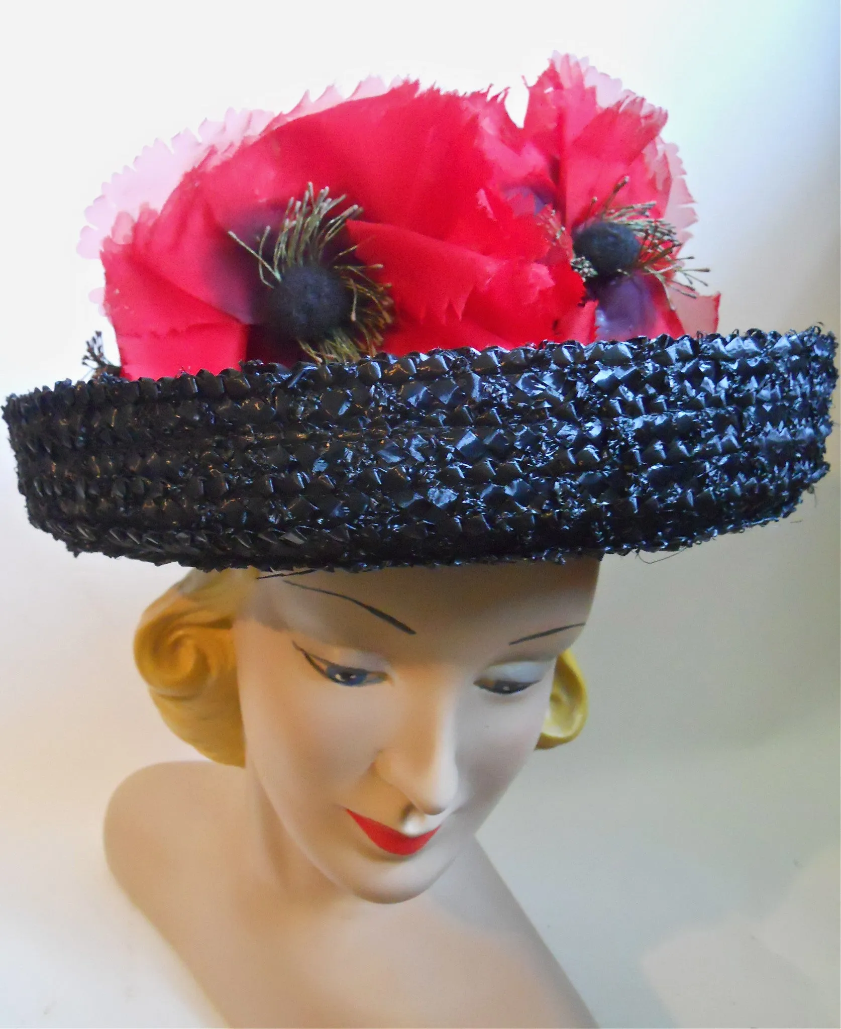 Red Poppy Topped Black and White Sisal Hat with  circa 1960s