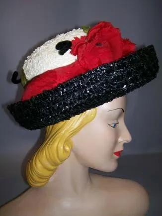 Red Poppy Topped Black and White Sisal Hat with  circa 1960s