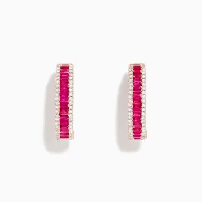 Ruby Royale 14K Rose Gold Baguette Cut Ruby 3/4" Hoop Earrings