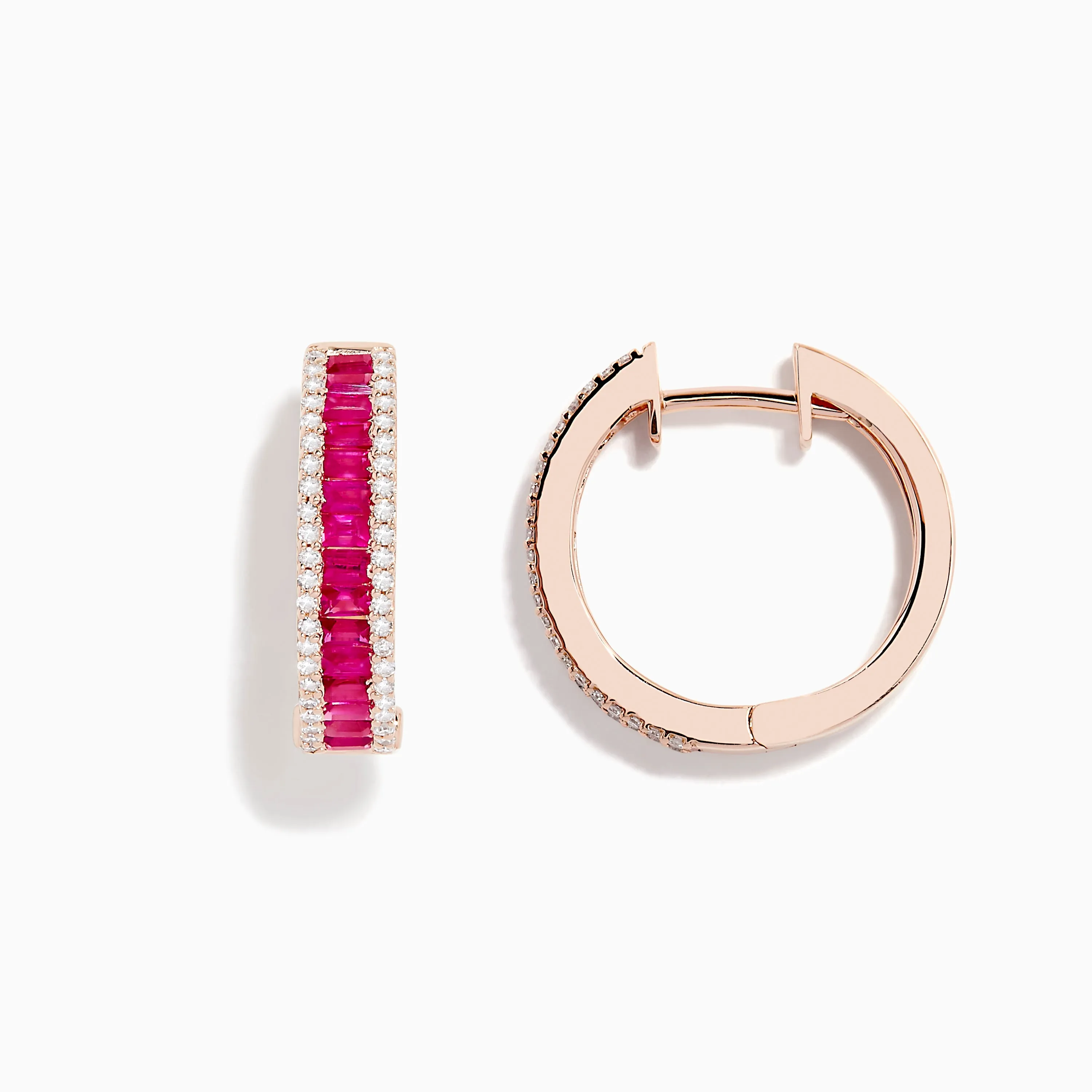 Ruby Royale 14K Rose Gold Baguette Cut Ruby 3/4" Hoop Earrings