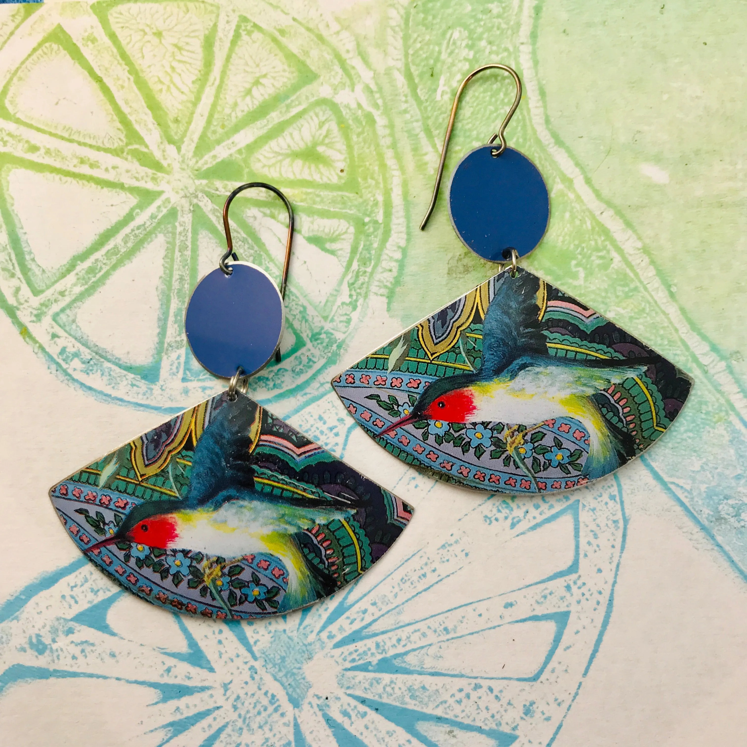 Ruby Throated Hummingbirds Upcycled Tin Earrings