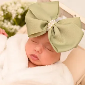 Sage Green Big Bow with Pearl Center Newborn Girl Hospital Hat