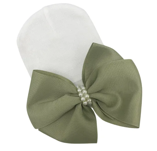 Sage Green Big Bow with Pearl Center Newborn Girl Hospital Hat