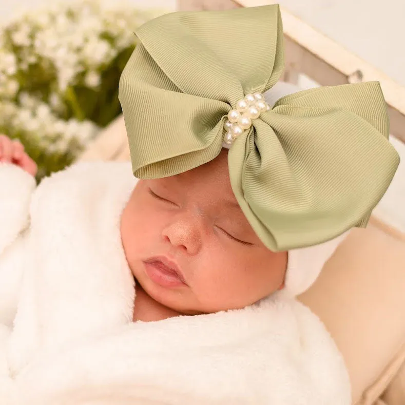 Sage Green Big Bow with Pearl Center Newborn Girl Hospital Hat