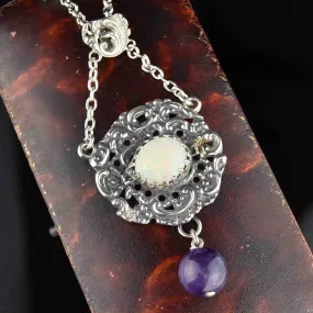 Silver Amethyst Opal Art Nouveau Pendant Necklace