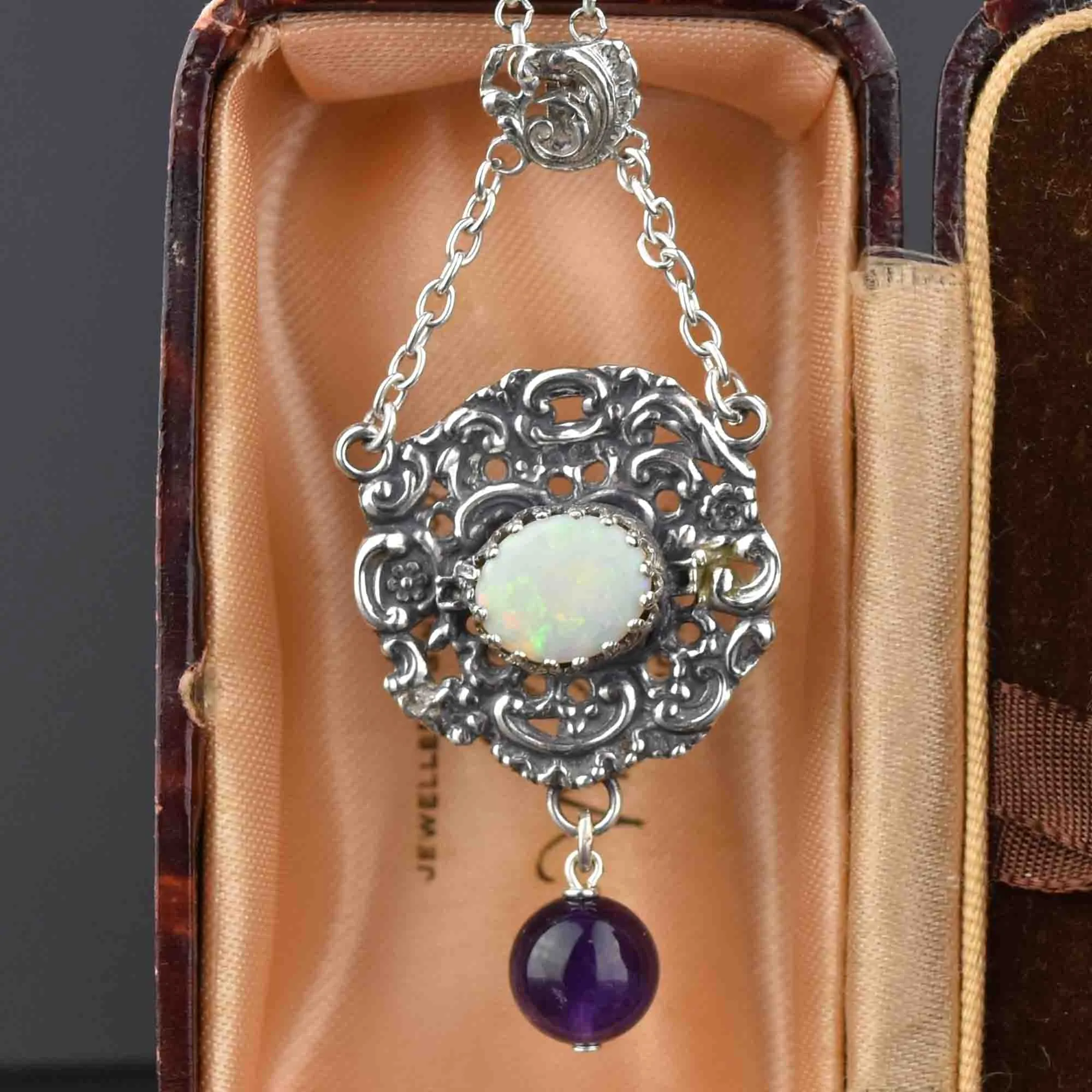 Silver Amethyst Opal Art Nouveau Pendant Necklace