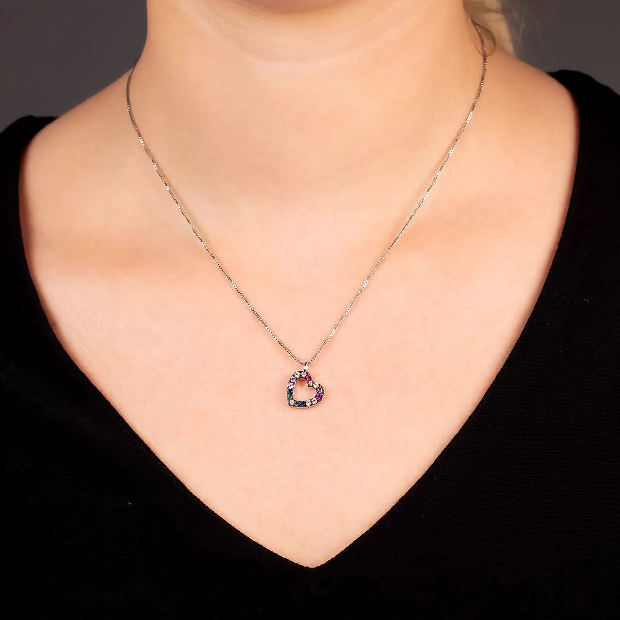 Silver Multi-Coloured Open Heart Pendant
