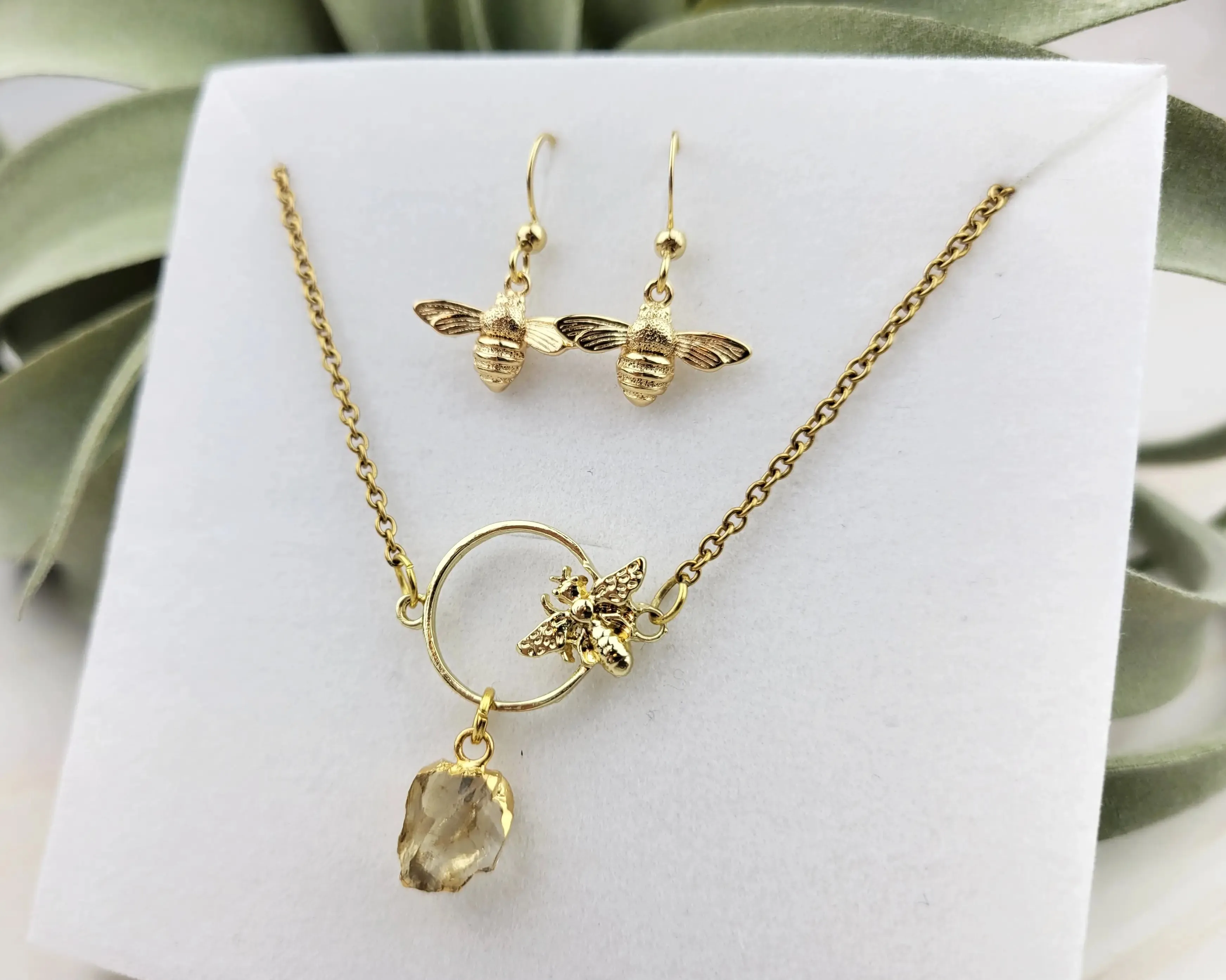 SpotLight Jewelry - 18k Gold Bee Jewelry Set - Bee Necklace and Earrings