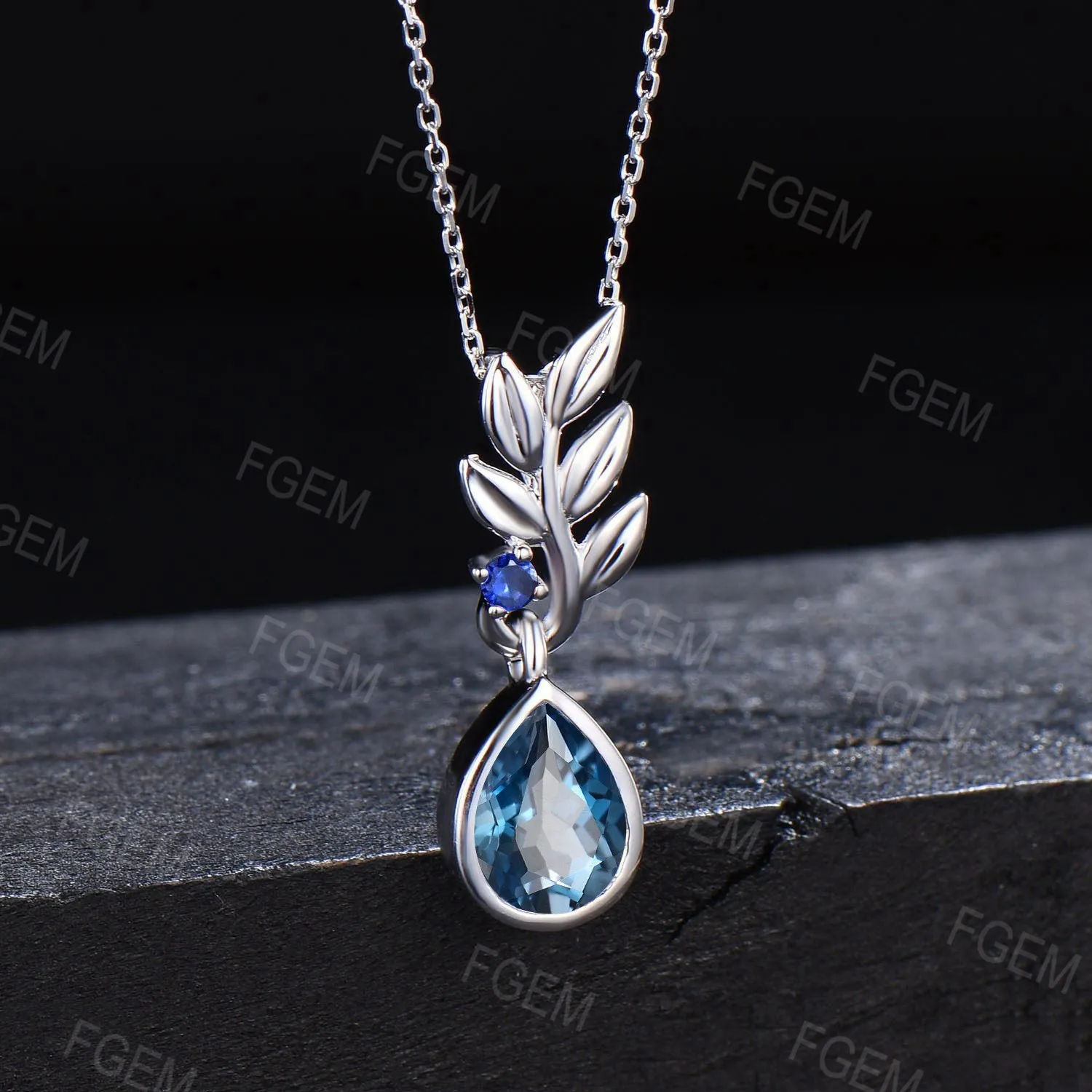 Sterling Silver Olive Leaf Charm Necklace Nature Inspired Pear London Blue Topaz Necklace Branch Leaf Pendant December Birthstone Necklace