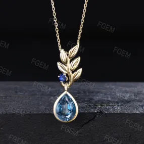 Sterling Silver Olive Leaf Charm Necklace Nature Inspired Pear London Blue Topaz Necklace Branch Leaf Pendant December Birthstone Necklace