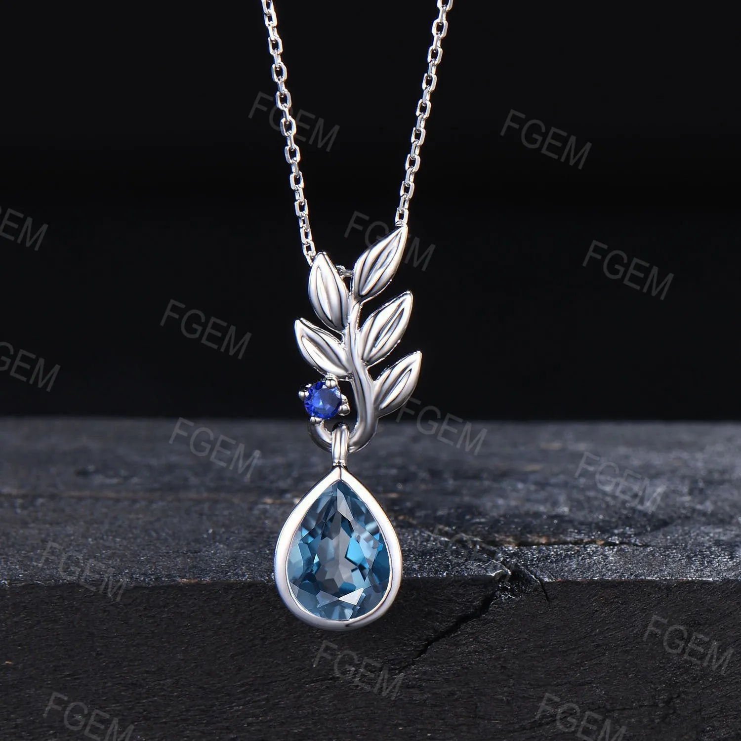 Sterling Silver Olive Leaf Charm Necklace Nature Inspired Pear London Blue Topaz Necklace Branch Leaf Pendant December Birthstone Necklace